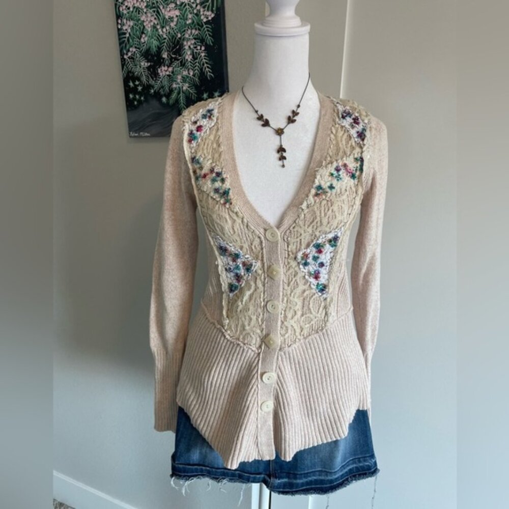 free people cream beaded cardigan